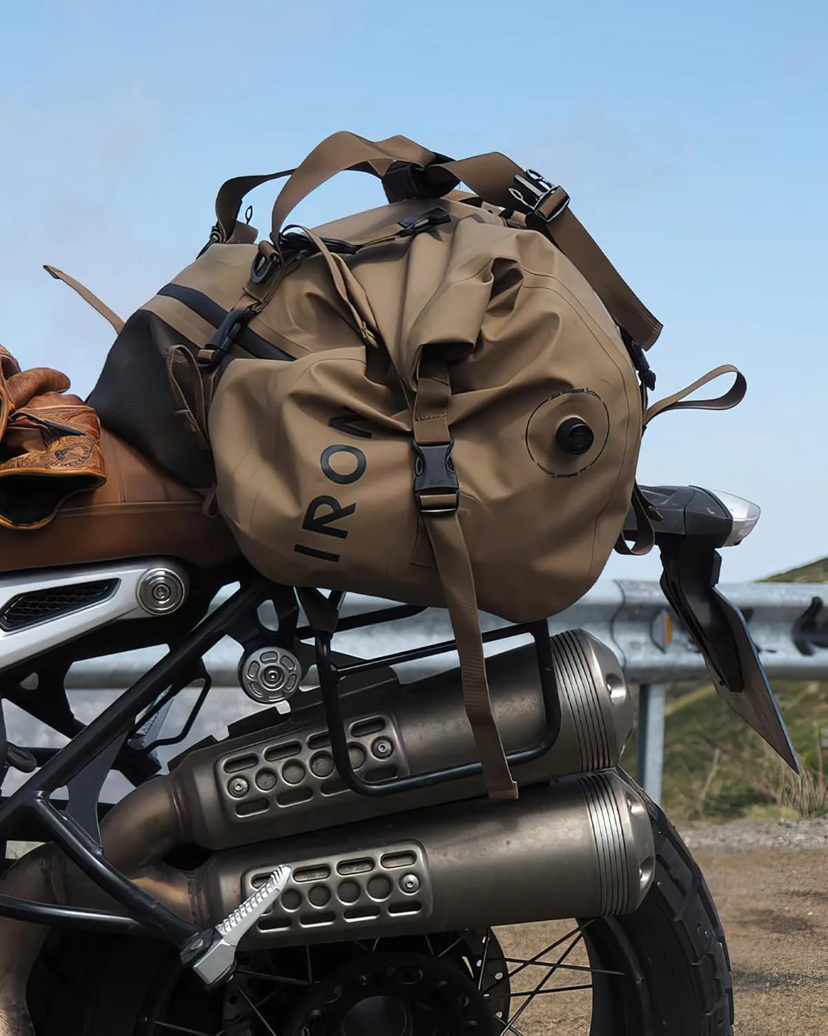IRON JIA'S Motorcycle Dry Bag - Waterproof Duffle & Luggage Tail Bag Saddle Bags with Roll Top Closure, Shoulder Straps, Inner Pocket and Mesh Pocket (Brown, 50L)
