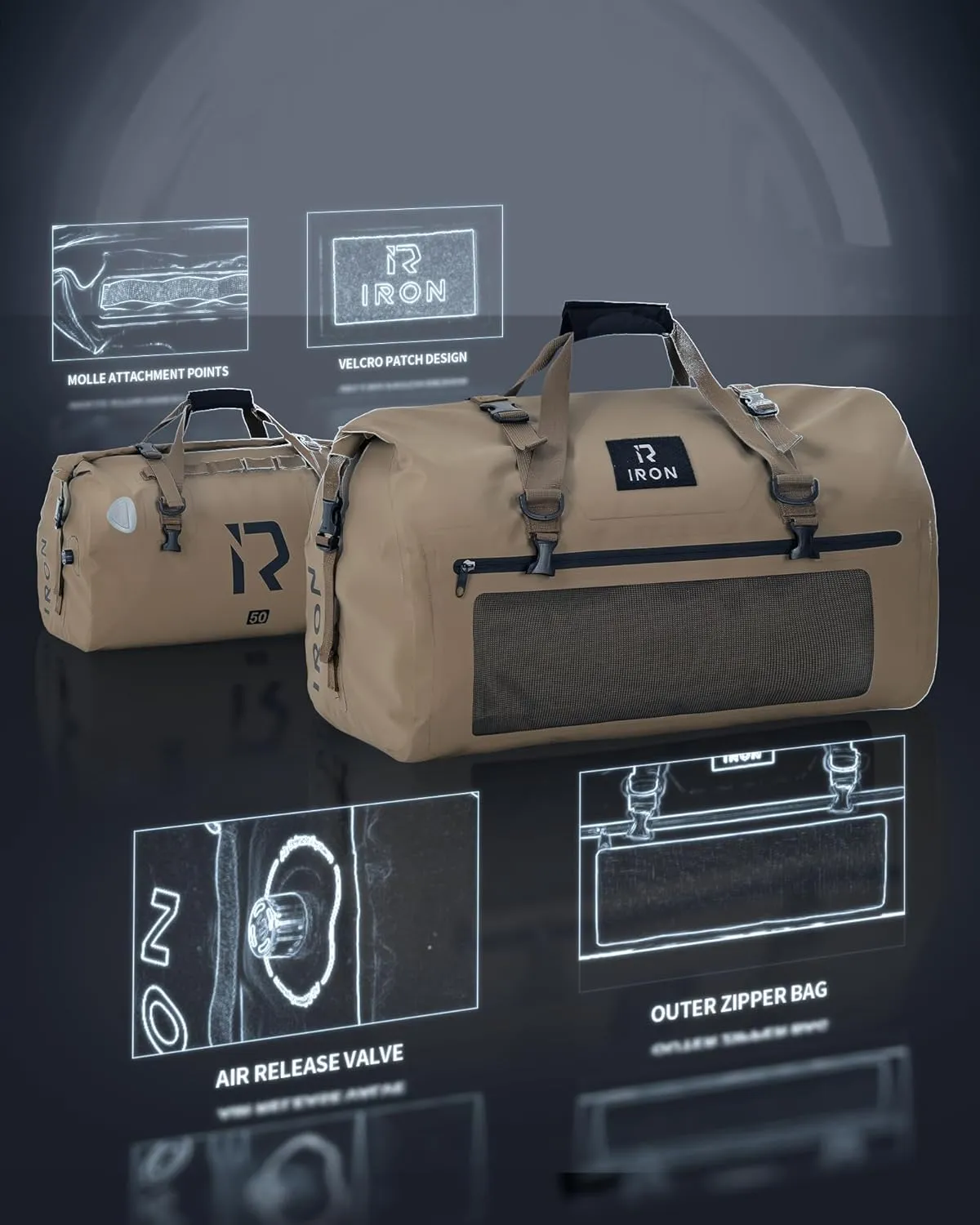 IRON JIA'S Motorcycle Dry Bag - Waterproof Duffle & Luggage Tail Bag Saddle Bags with Roll Top Closure, Shoulder Straps, Inner Pocket and Mesh Pocket (Brown, 50L)