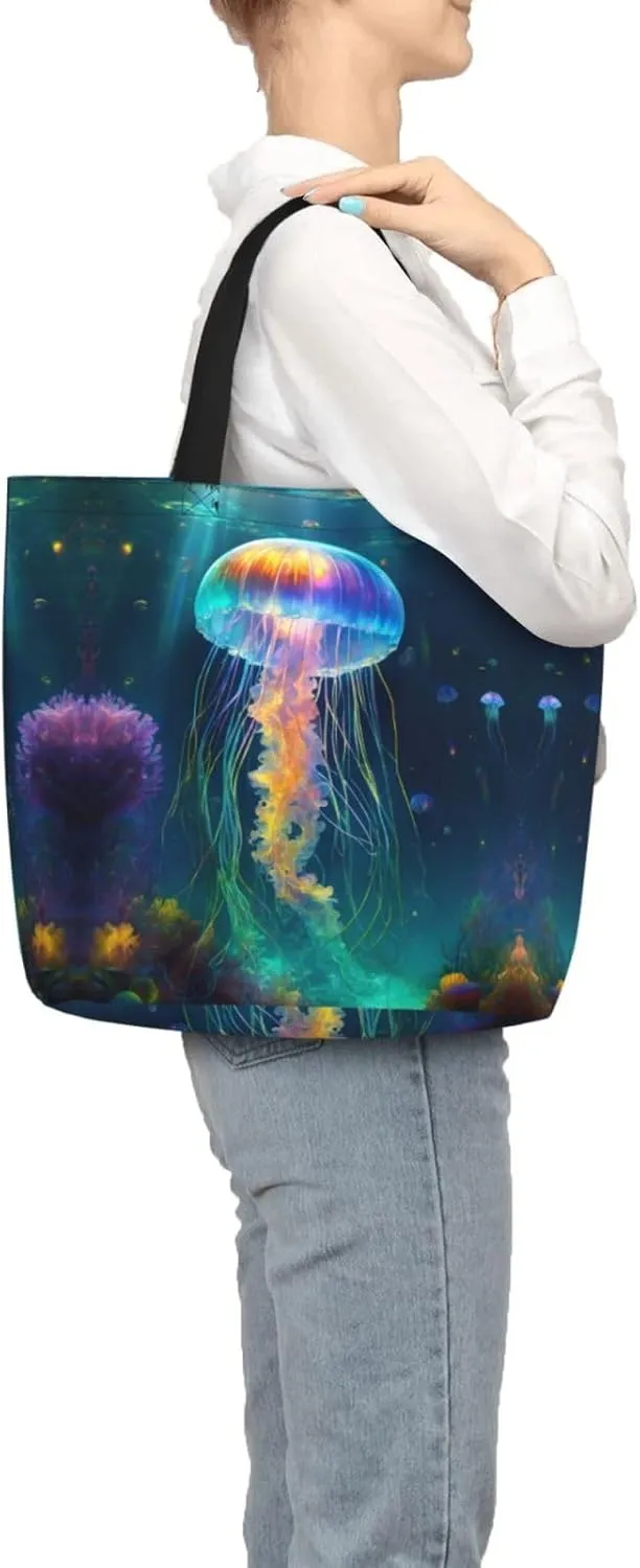 Jellyfish Ocean Large Capacity Bag Reusable Grocery Shoulder Bag With Inner Pockets