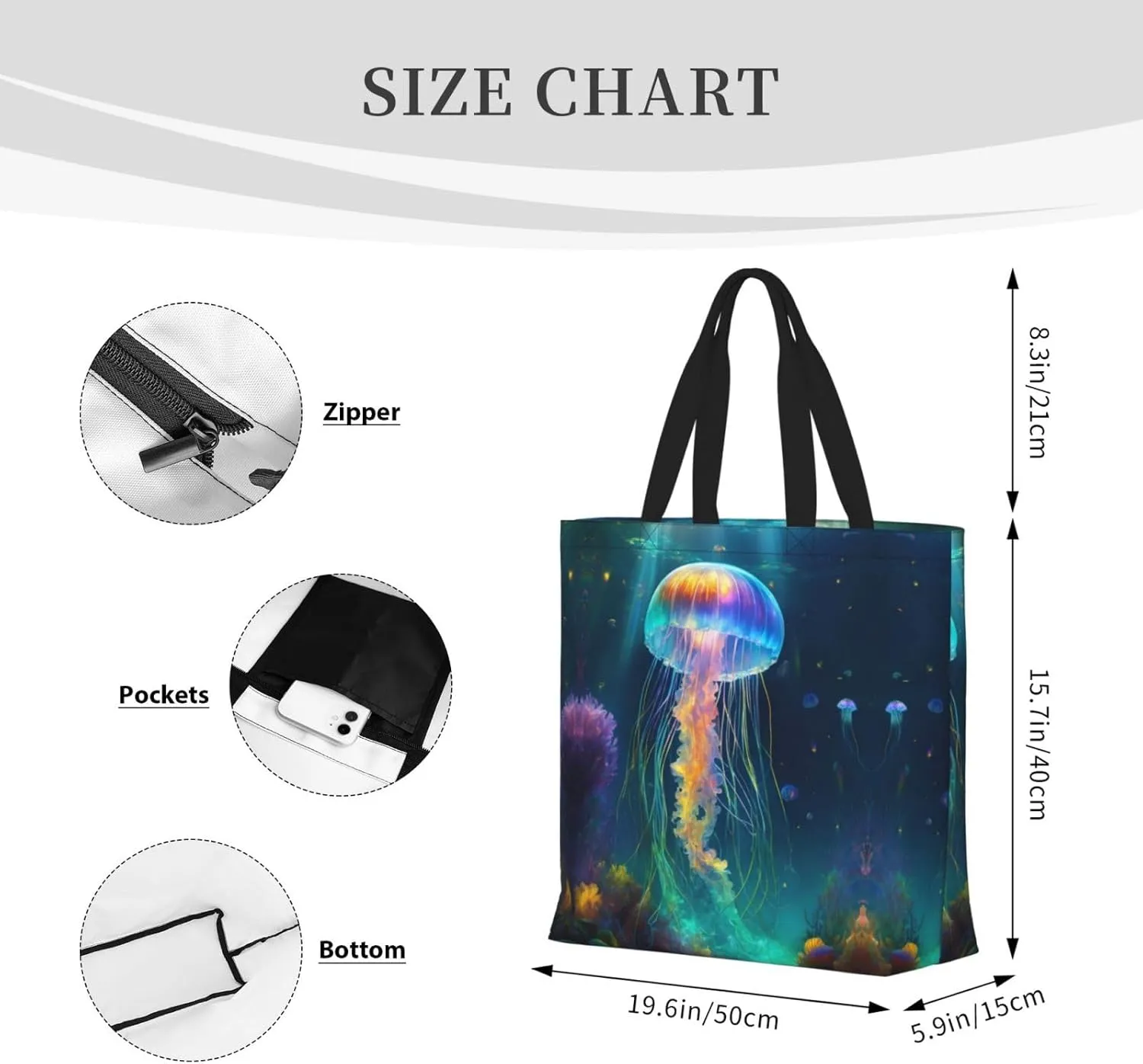 Jellyfish Ocean Large Capacity Bag Reusable Grocery Shoulder Bag With Inner Pockets