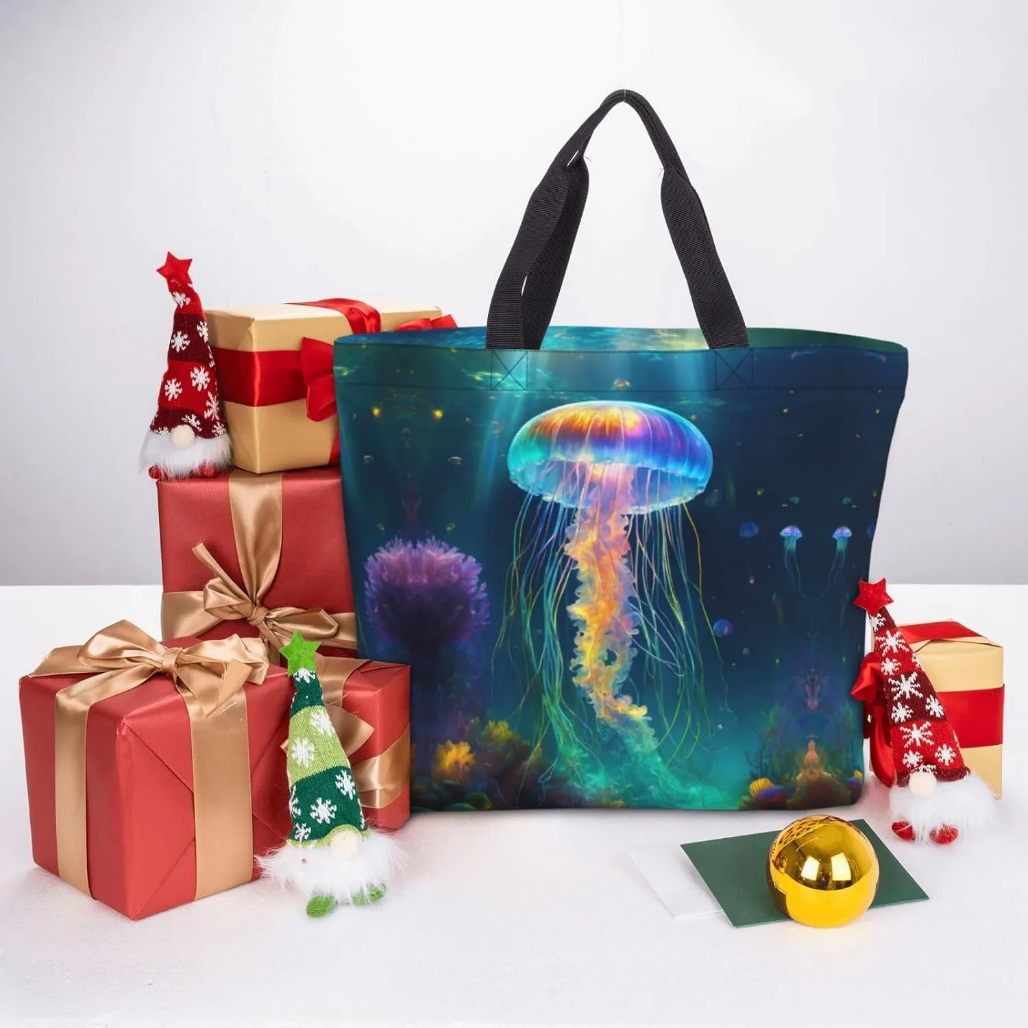 Jellyfish Ocean Large Capacity Bag Reusable Grocery Shoulder Bag With Inner Pockets