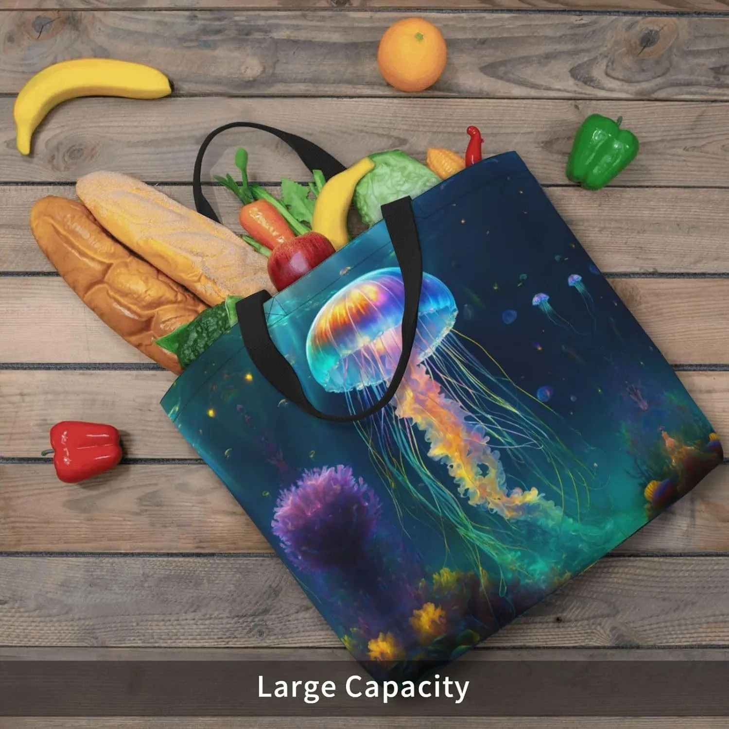 Jellyfish Ocean Large Capacity Bag Reusable Grocery Shoulder Bag With Inner Pockets