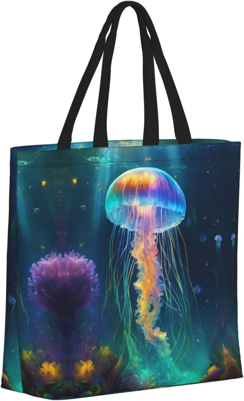 Jellyfish Ocean Large Capacity Bag Reusable Grocery Shoulder Bag With Inner Pockets