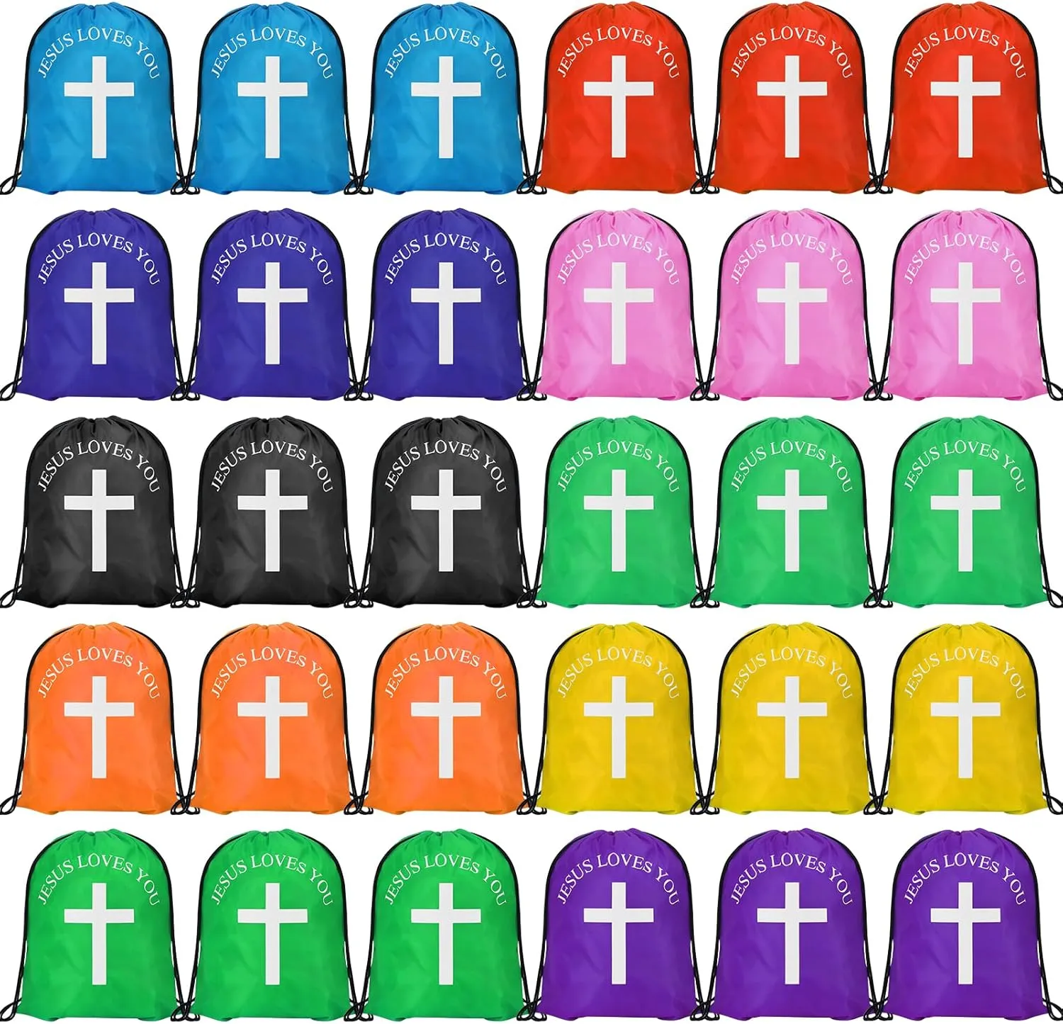 Jesus Loves You Drawstring Backpack Bulk Church School Easter Religious Gift Bag Bible Bag Polyester Backpack for Christian Religion Gift(30 Pcs,Cross)