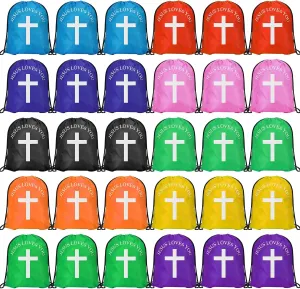 Jesus Loves You Drawstring Backpack Bulk Church School Easter Religious Gift Bag Bible Bag Polyester Backpack for Christian Religion Gift(30 Pcs,Cross)