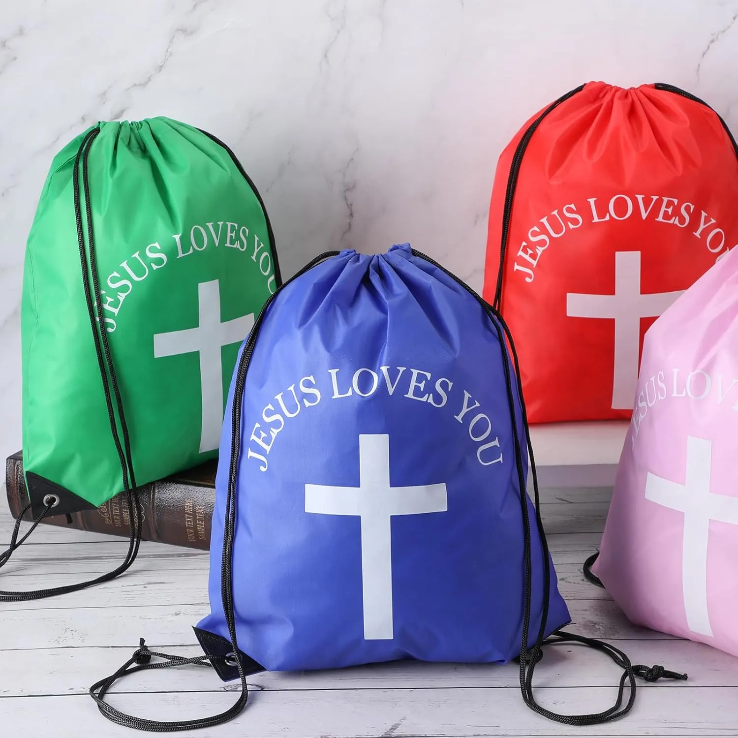 Jesus Loves You Drawstring Backpack Bulk Easter Church Gifts Christian Religious Gift Bag Polyester Backpack(Multicolor,100 Pcs)
