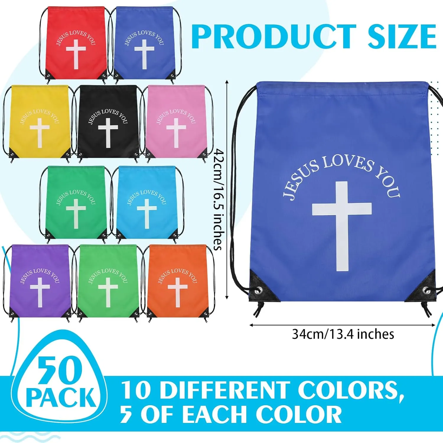 Jesus Loves You Drawstring Backpack Bulk Easter Church Gifts Christian Religious Gift Bag Polyester Backpack(Multicolor,50 Pcs)