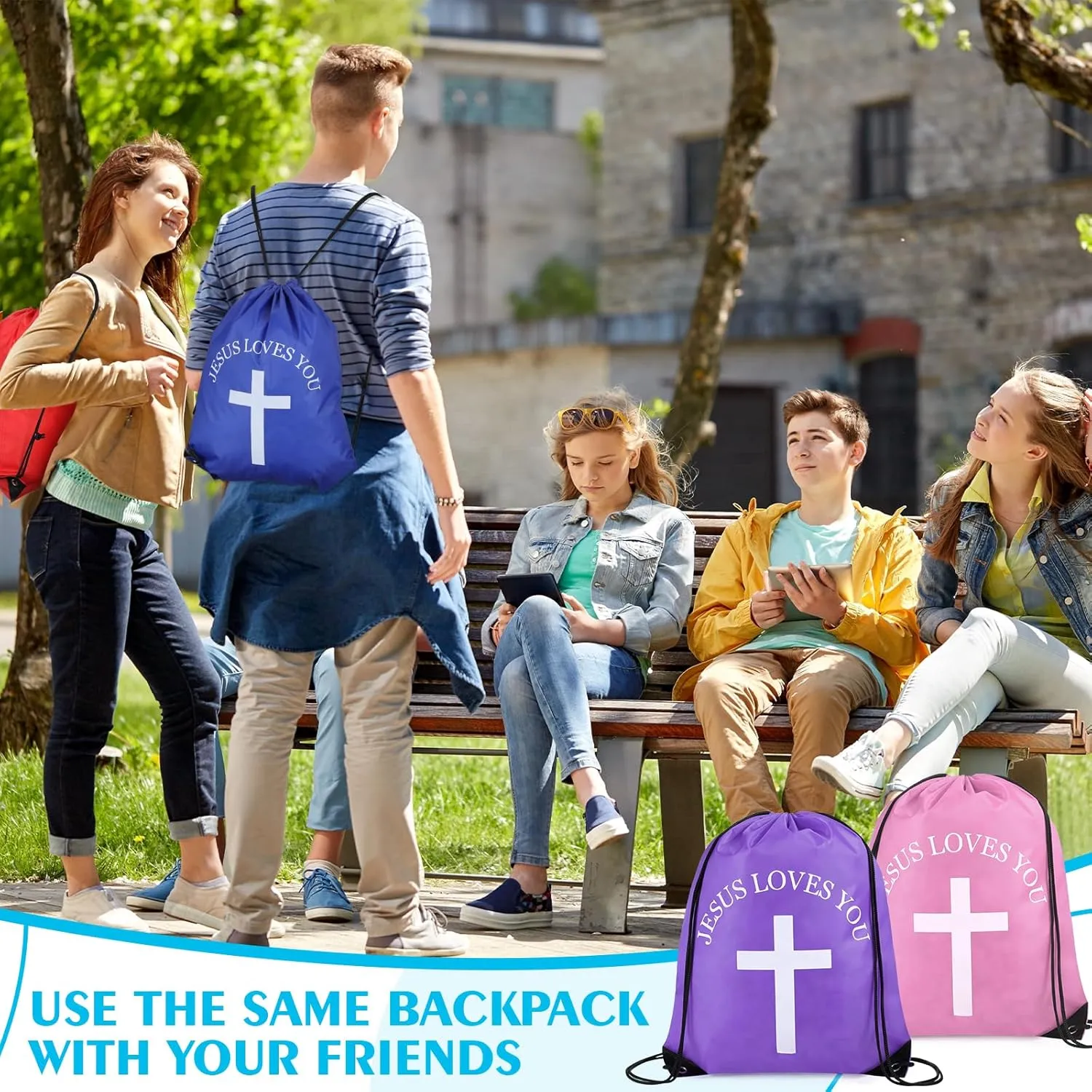 Jesus Loves You Drawstring Backpack Bulk Easter Church Gifts Christian Religious Gift Bag Polyester Backpack(Multicolor,50 Pcs)