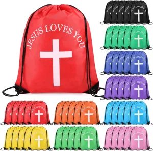 Jesus Loves You Drawstring Backpack Bulk Easter Church Gifts Christian Religious Gift Bag Polyester Backpack(Multicolor,50 Pcs)
