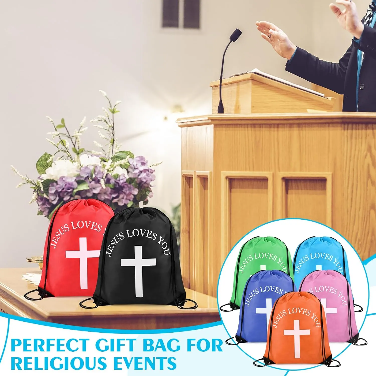 Jesus Loves You Drawstring Backpack Bulk Easter Church Gifts Christian Religious Gift Bag Polyester Backpack(Multicolor,50 Pcs)