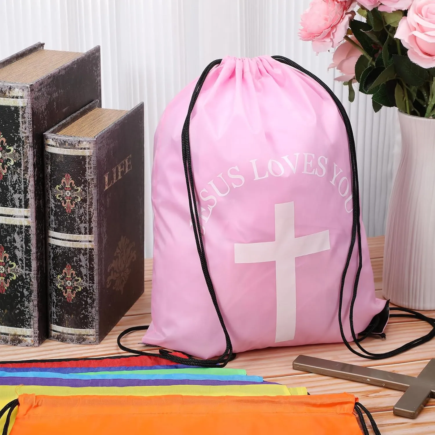 Jesus Loves You Drawstring Backpack Bulk Easter Church Gifts Christian Religious Gift Bag Polyester Backpack(Multicolor,50 Pcs)