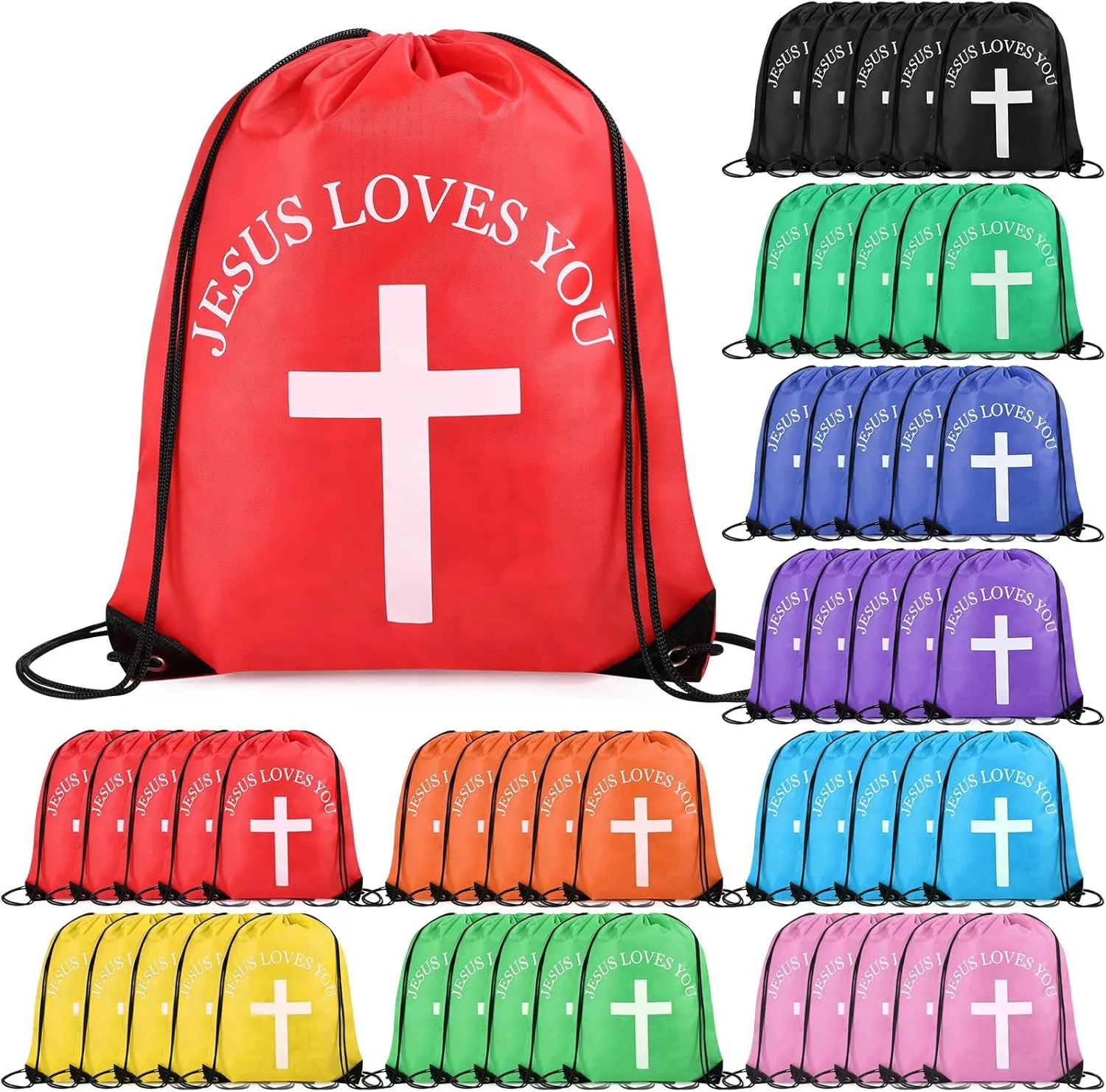 Jesus Loves You Drawstring Backpack Bulk Easter Church Gifts Christian Religious Gift Bag Polyester Backpack(Multicolor,50 Pcs)