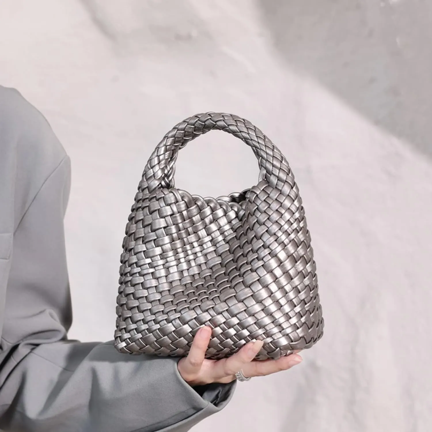 JINMANXUE Fashion Handbag for Women, Woven Tote Bucket Composite Bag, Knitting Chain Crossbody Shoulder Purse