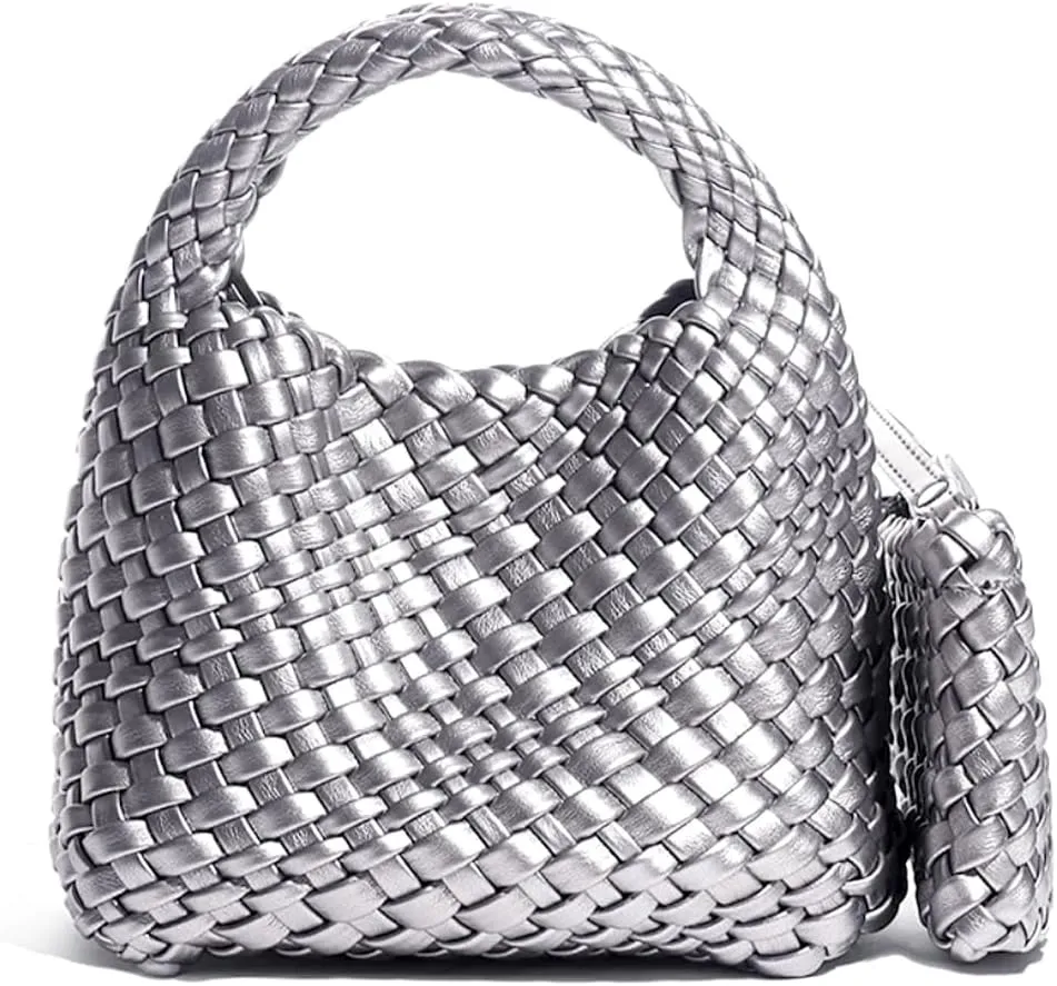 JINMANXUE Fashion Handbag for Women, Woven Tote Bucket Composite Bag, Knitting Chain Crossbody Shoulder Purse