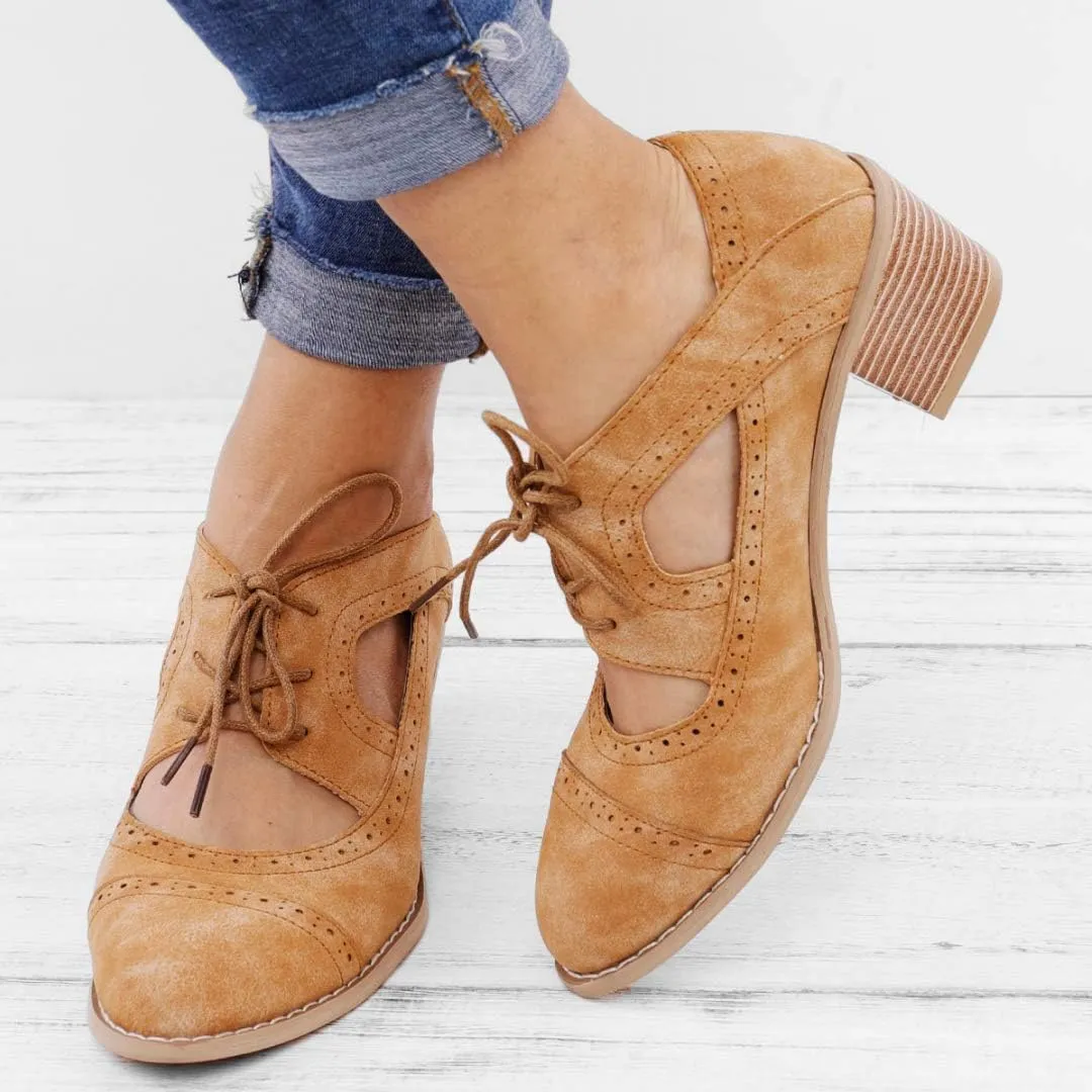 JITUUE Oxford Shoes for Women Chunky Heels Brogue Leather Saddle Dress Shoes Lace up Vintage Wingtip Ankle Boots