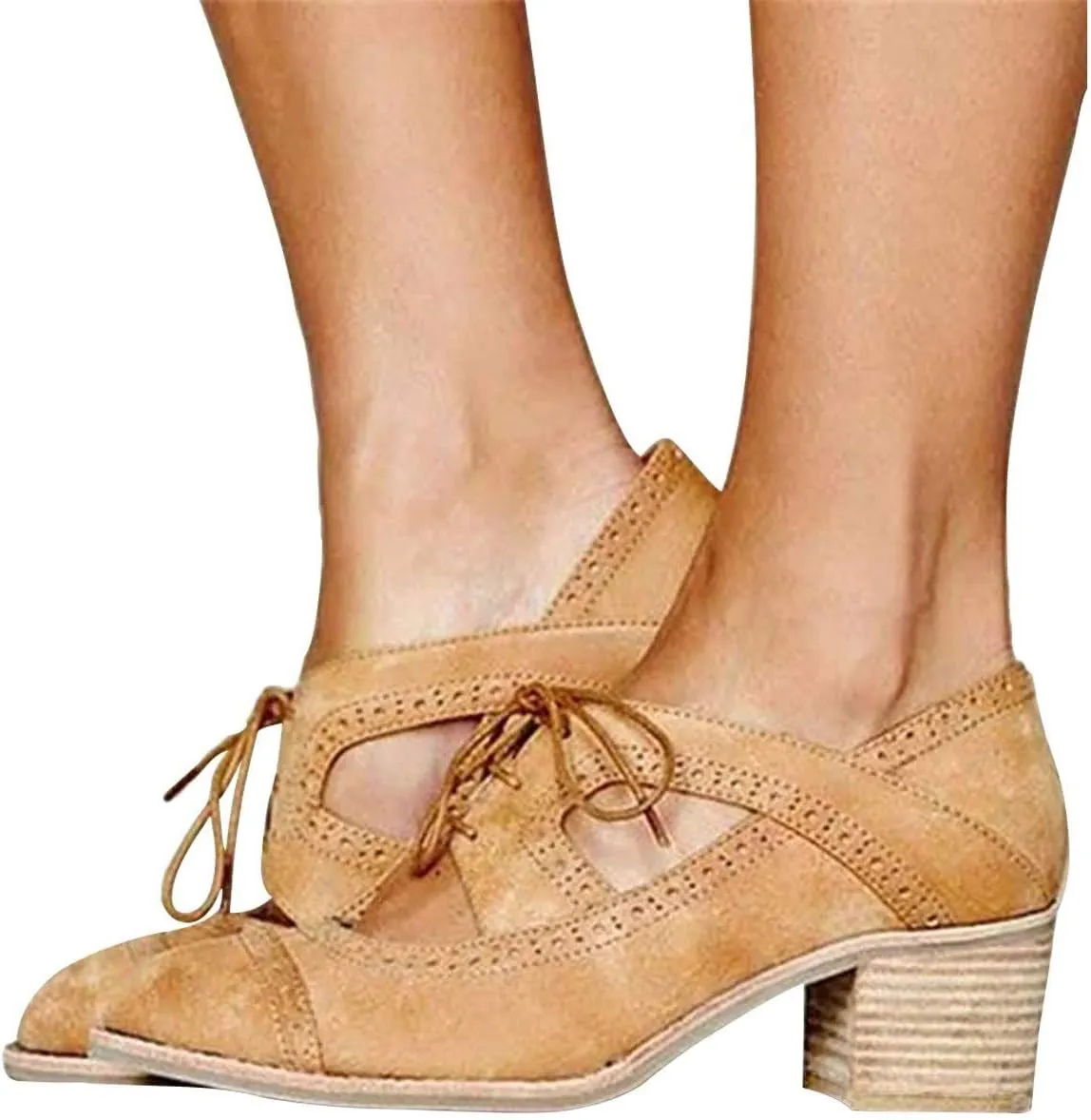 JITUUE Oxford Shoes for Women Chunky Heels Brogue Leather Saddle Dress Shoes Lace up Vintage Wingtip Ankle Boots