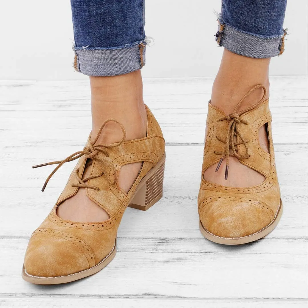 JITUUE Oxford Shoes for Women Chunky Heels Brogue Leather Saddle Dress Shoes Lace up Vintage Wingtip Ankle Boots