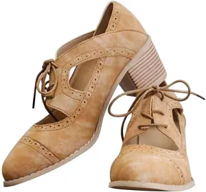 JITUUE Oxford Shoes for Women Chunky Heels Brogue Leather Saddle Dress Shoes Lace up Vintage Wingtip Ankle Boots