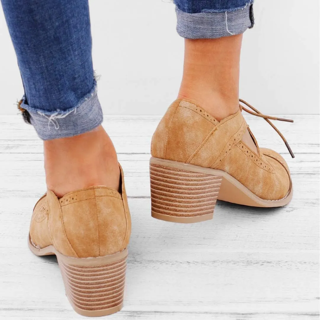 JITUUE Oxford Shoes for Women Chunky Heels Brogue Leather Saddle Dress Shoes Lace up Vintage Wingtip Ankle Boots