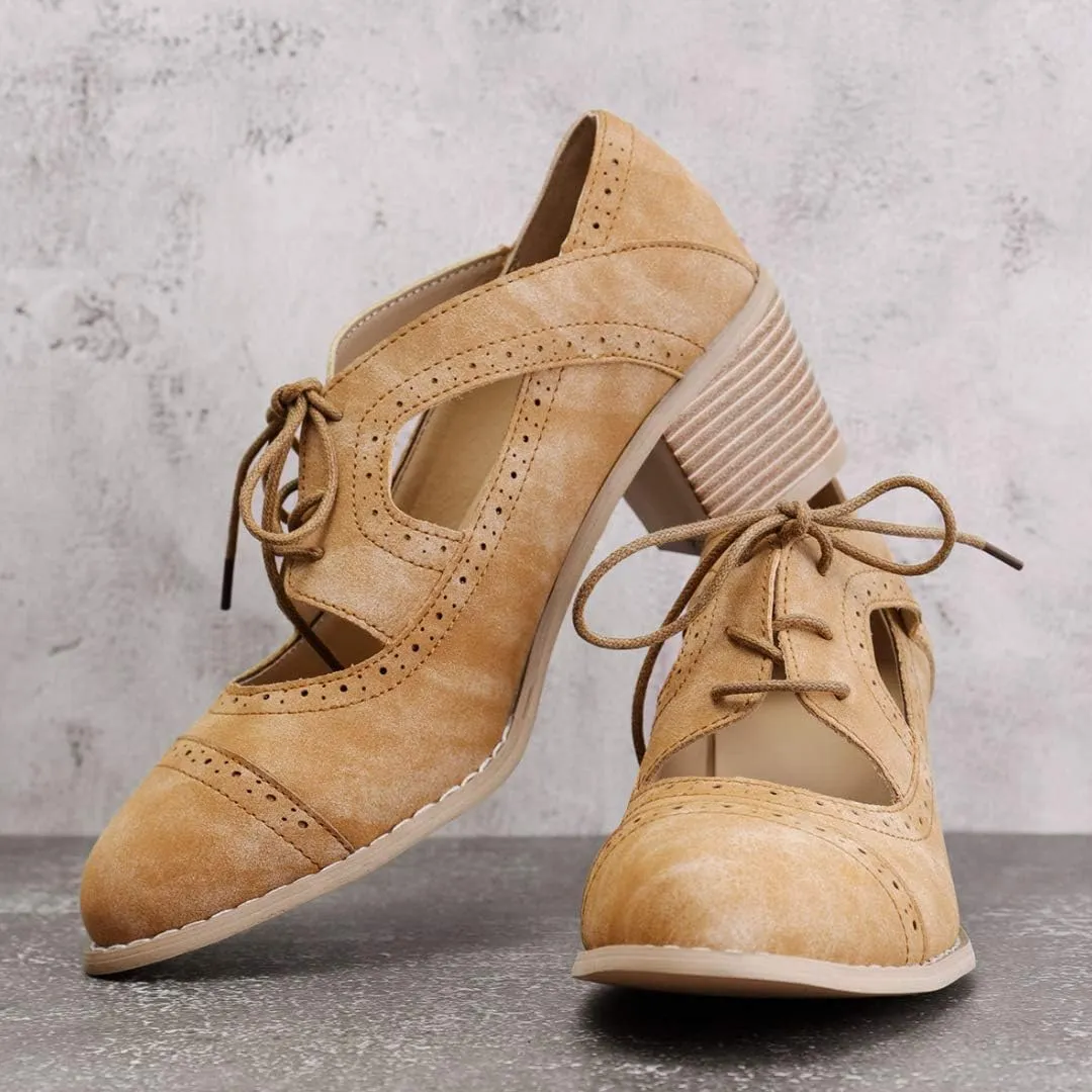 JITUUE Oxford Shoes for Women Chunky Heels Brogue Leather Saddle Dress Shoes Lace up Vintage Wingtip Ankle Boots
