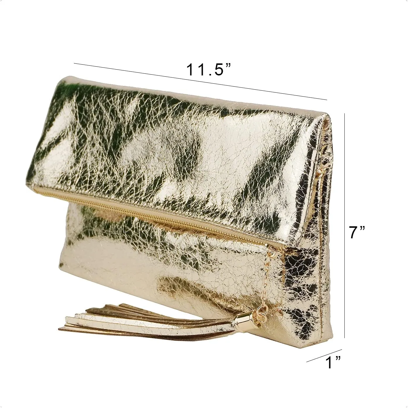 JNB Women's Cracked Metallic Fabric Foldover Clutch with Tassel