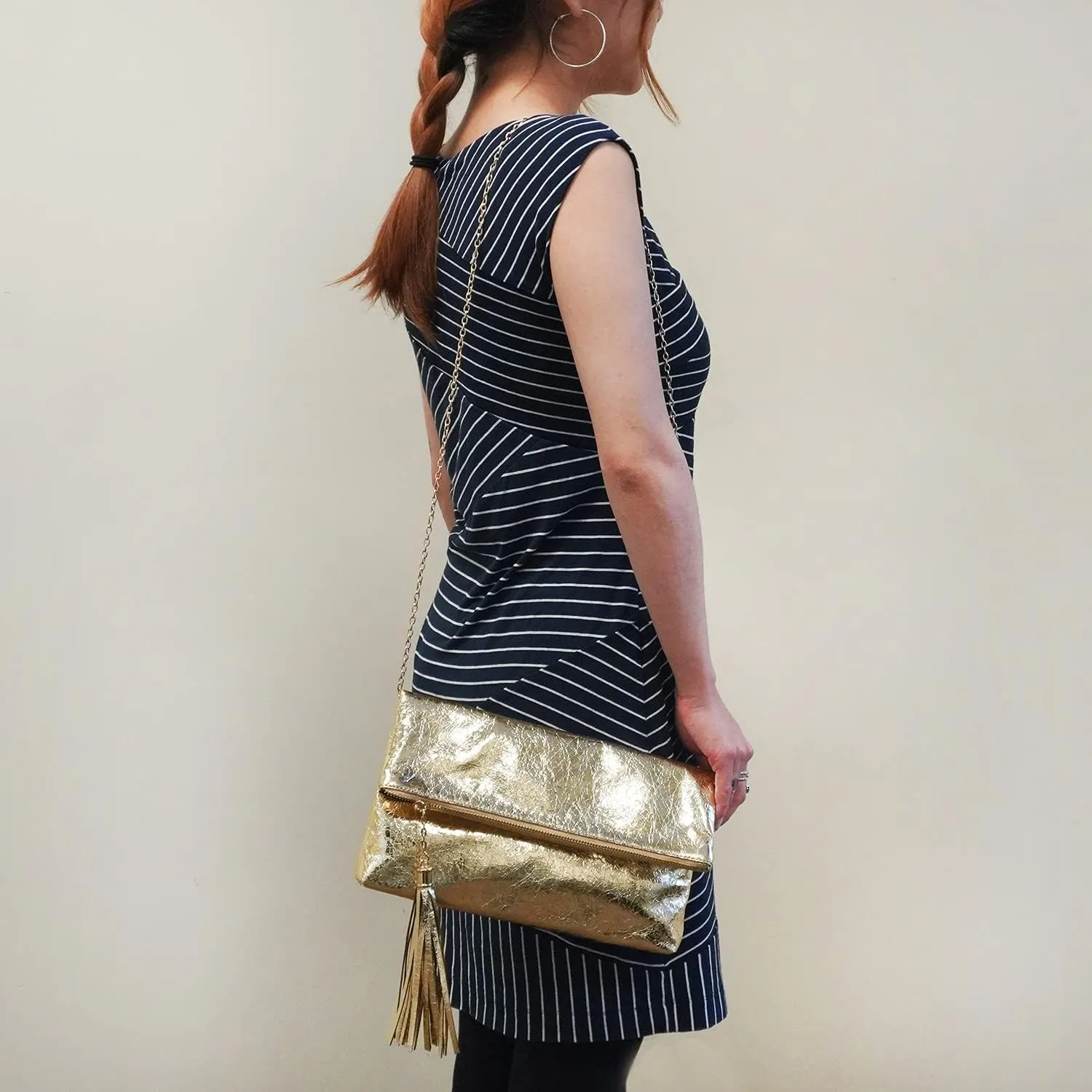 JNB Women's Cracked Metallic Fabric Foldover Clutch with Tassel
