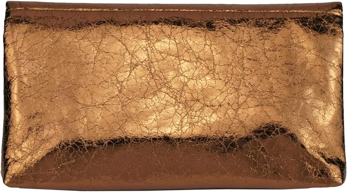JNB Women's Cracked Metallic Fabric Foldover Clutch with Tassel