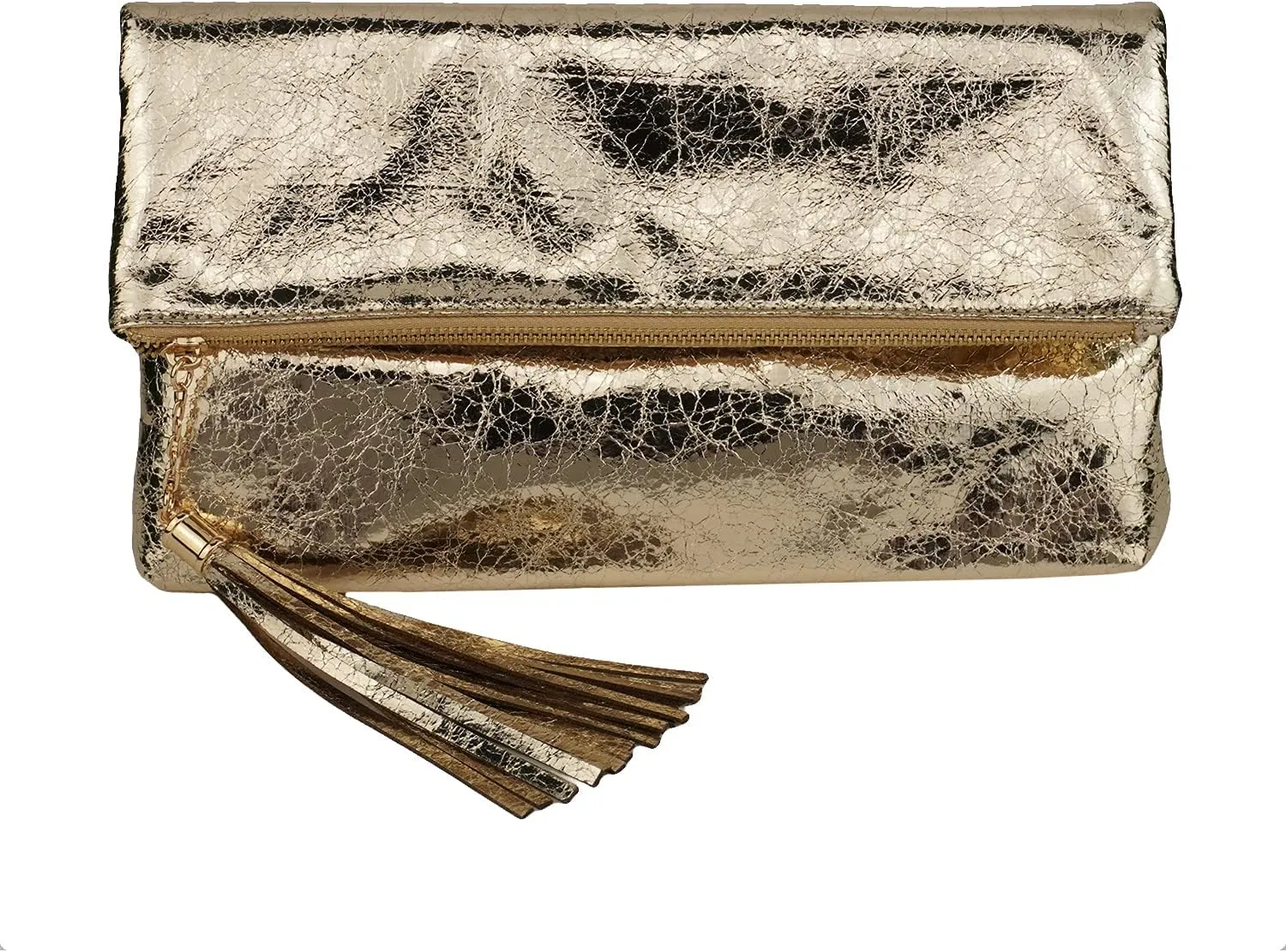 JNB Women's Cracked Metallic Fabric Foldover Clutch with Tassel