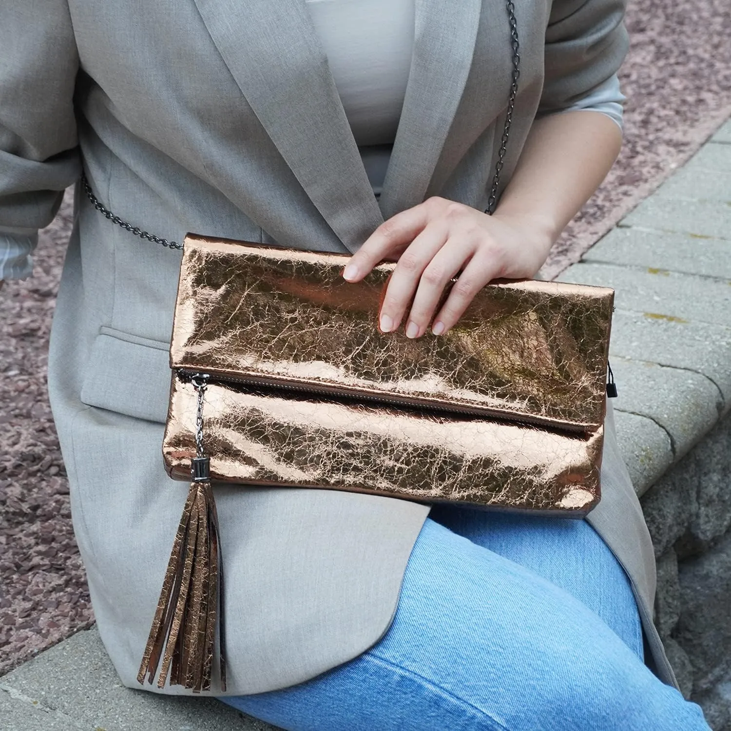 JNB Women's Cracked Metallic Fabric Foldover Clutch with Tassel