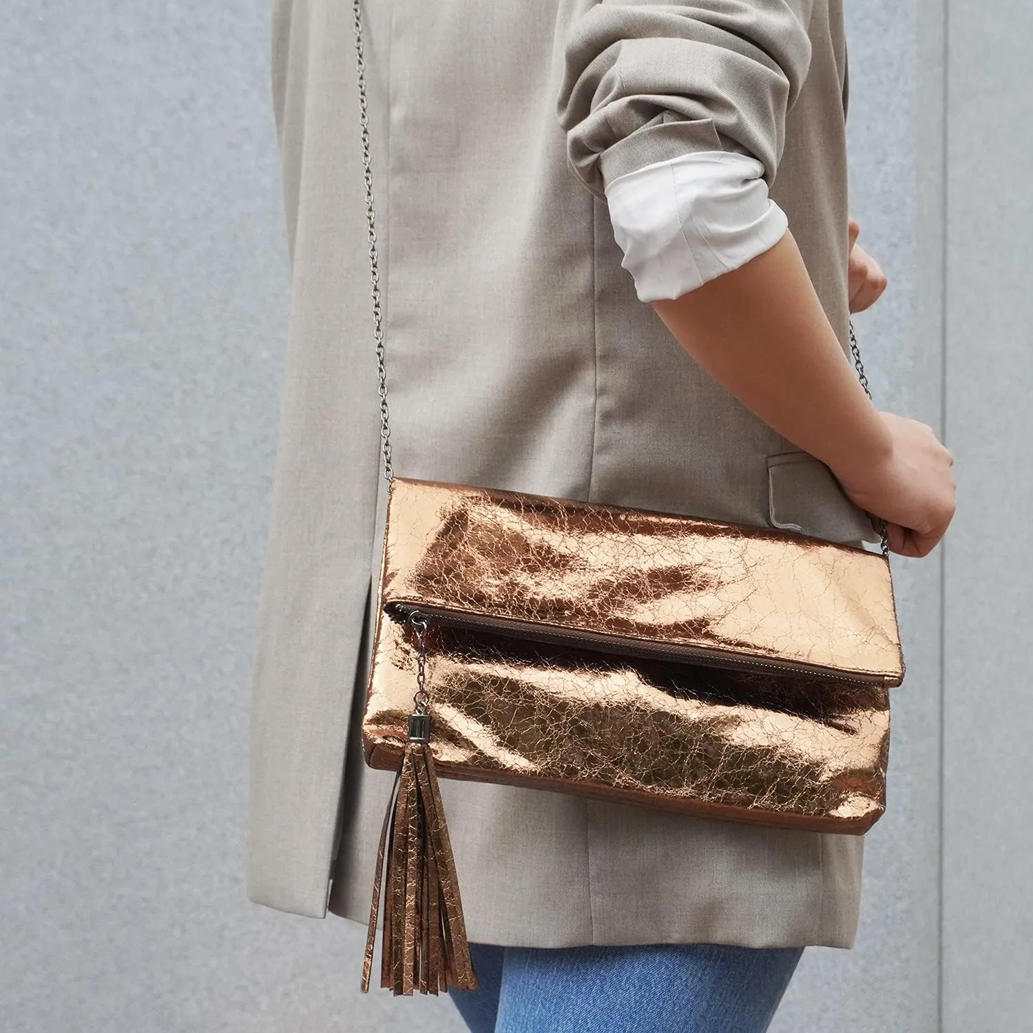 JNB Women's Cracked Metallic Fabric Foldover Clutch with Tassel