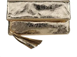 JNB Women's Cracked Metallic Fabric Foldover Clutch with Tassel