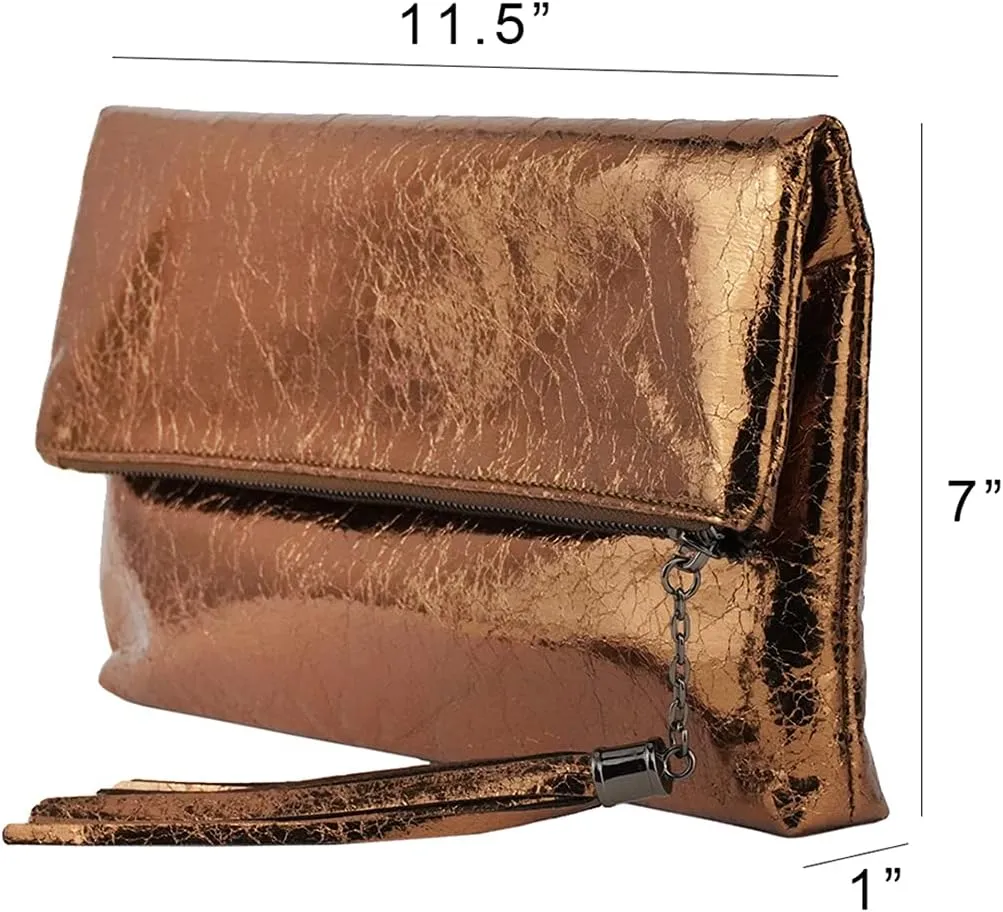 JNB Women's Cracked Metallic Fabric Foldover Clutch with Tassel