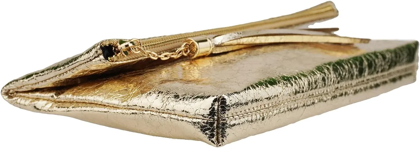 JNB Women's Cracked Metallic Fabric Foldover Clutch with Tassel
