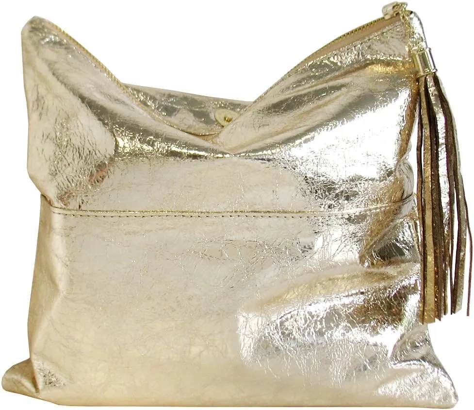 JNB Women's Cracked Metallic Fabric Foldover Clutch with Tassel