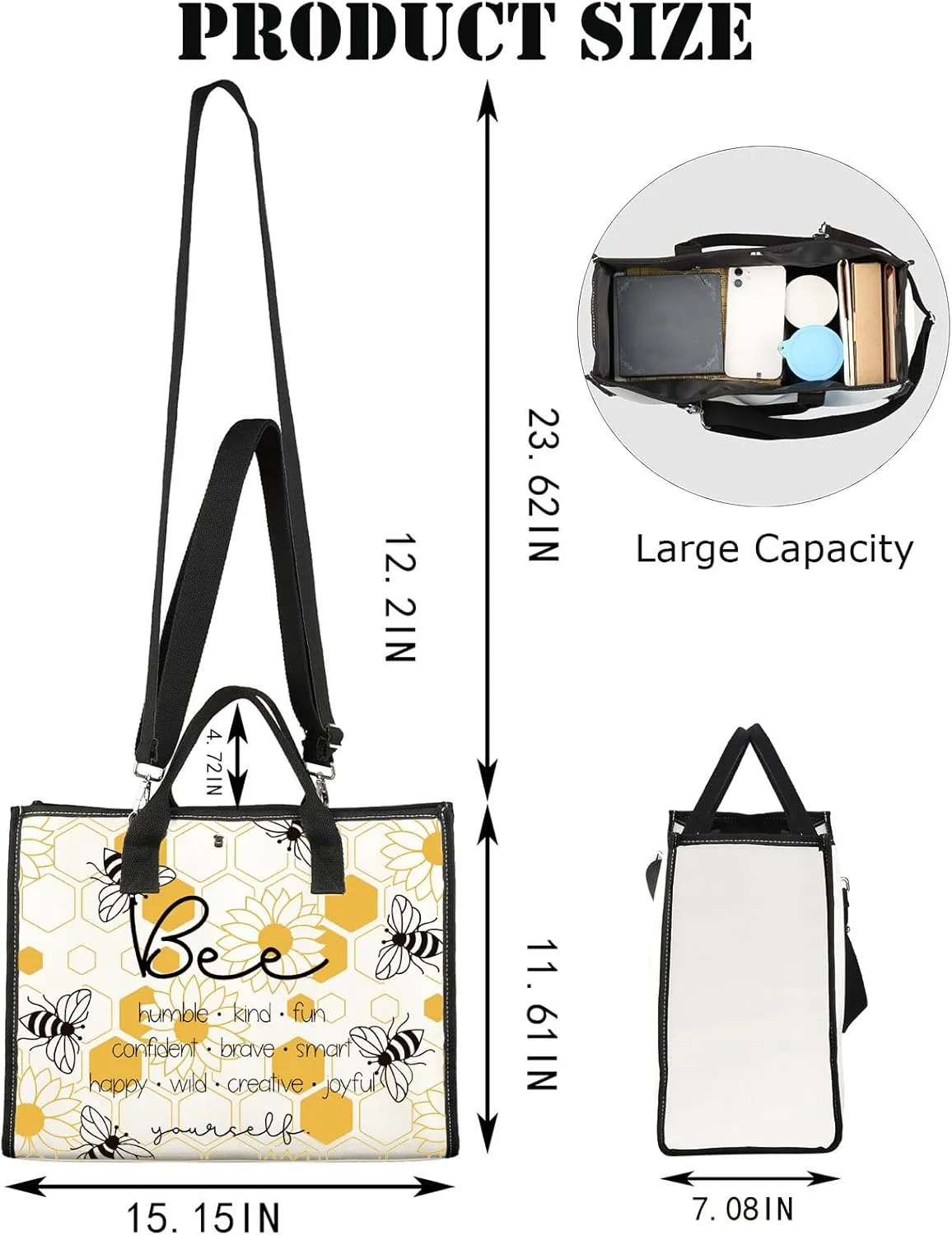JNIAP Bumble Bee Teacher Tote Bag Bee Lover Gifts Bumble Bee Gifts Bee Humble Kind Fun Confident Brave Smart Bee Shoulder Bag