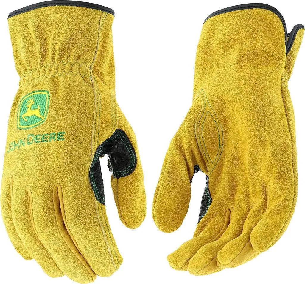 John Deere JD00004 Leather Gloves - Large Size Split Cowhide Work Gloves with Shirred Elastic Wrist. Hand Protection Wear,Gold