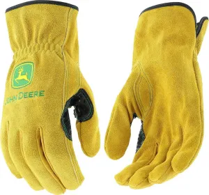 John Deere JD00004 Leather Gloves - Large Size Split Cowhide Work Gloves with Shirred Elastic Wrist. Hand Protection Wear,Gold