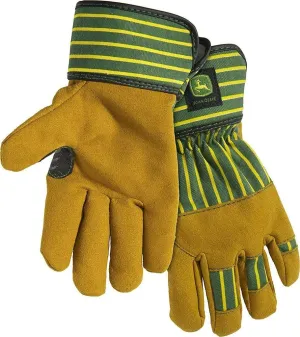 John Deere JD00024-Y Youth Split Cowhide Leather Palm Gloves, Abrasion Resistant, Yellow/Green, Youth-Small