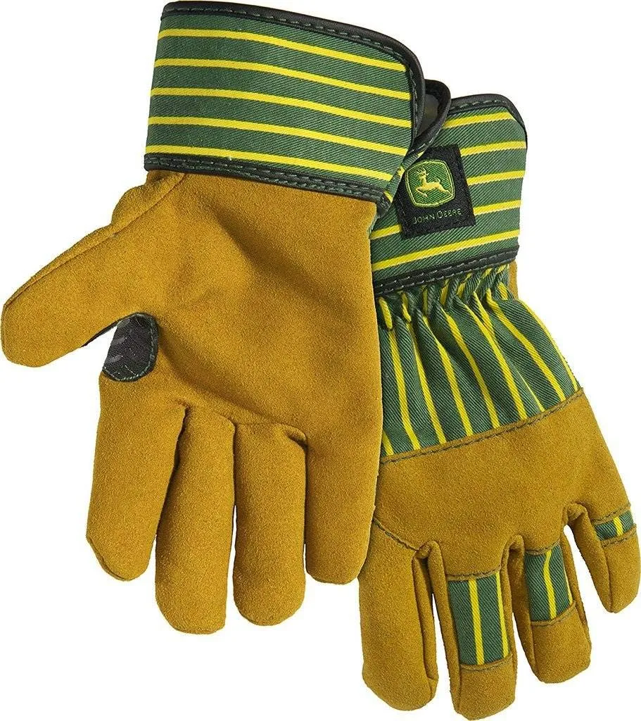 John Deere JD00024-Y Youth Split Cowhide Leather Palm Gloves, Abrasion Resistant, Yellow/Green, Youth-Small