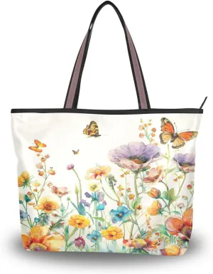 JSTEL Butterfly Handbag for Women with Zipper,Flower Purse Floral Tote Bag for Work Business,82