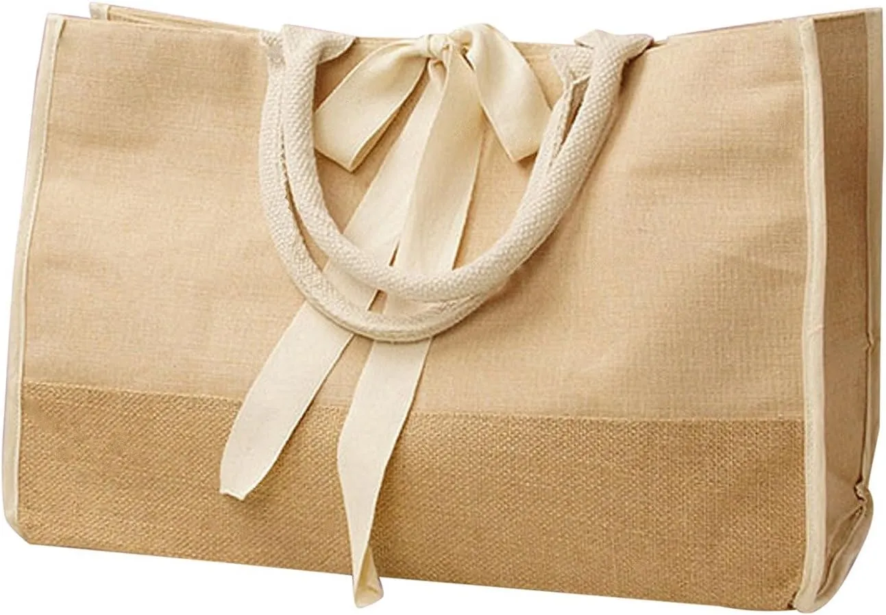 Jute Burlap Tote Bags Cotton Handles Heavy Duty Shopping, Weekender, Work (Pack of 3) (Natural)