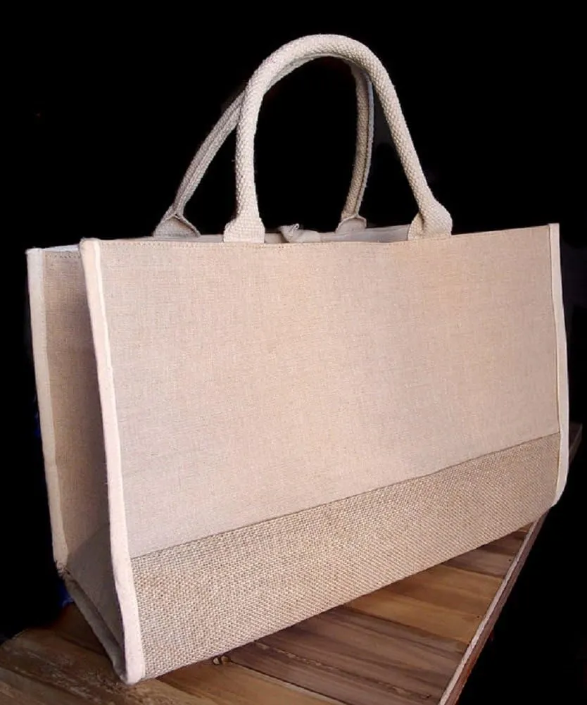 Jute Burlap Tote Bags Cotton Handles Heavy Duty Shopping, Weekender, Work (Pack of 3) (Natural)