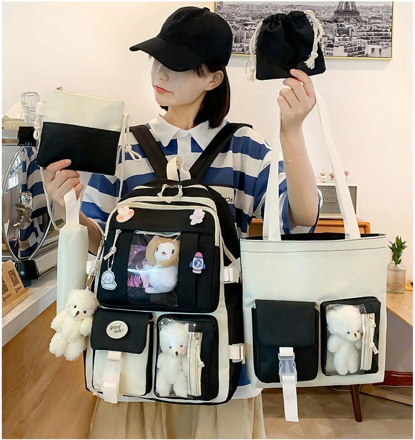 Kawaii Backpack 5Pcs Set Aesthetic School Bags 17in Cute Bookbag with Badge&Pendant,Shoulder Bag,Pencil Box,Tote Bag,Small Bag Black