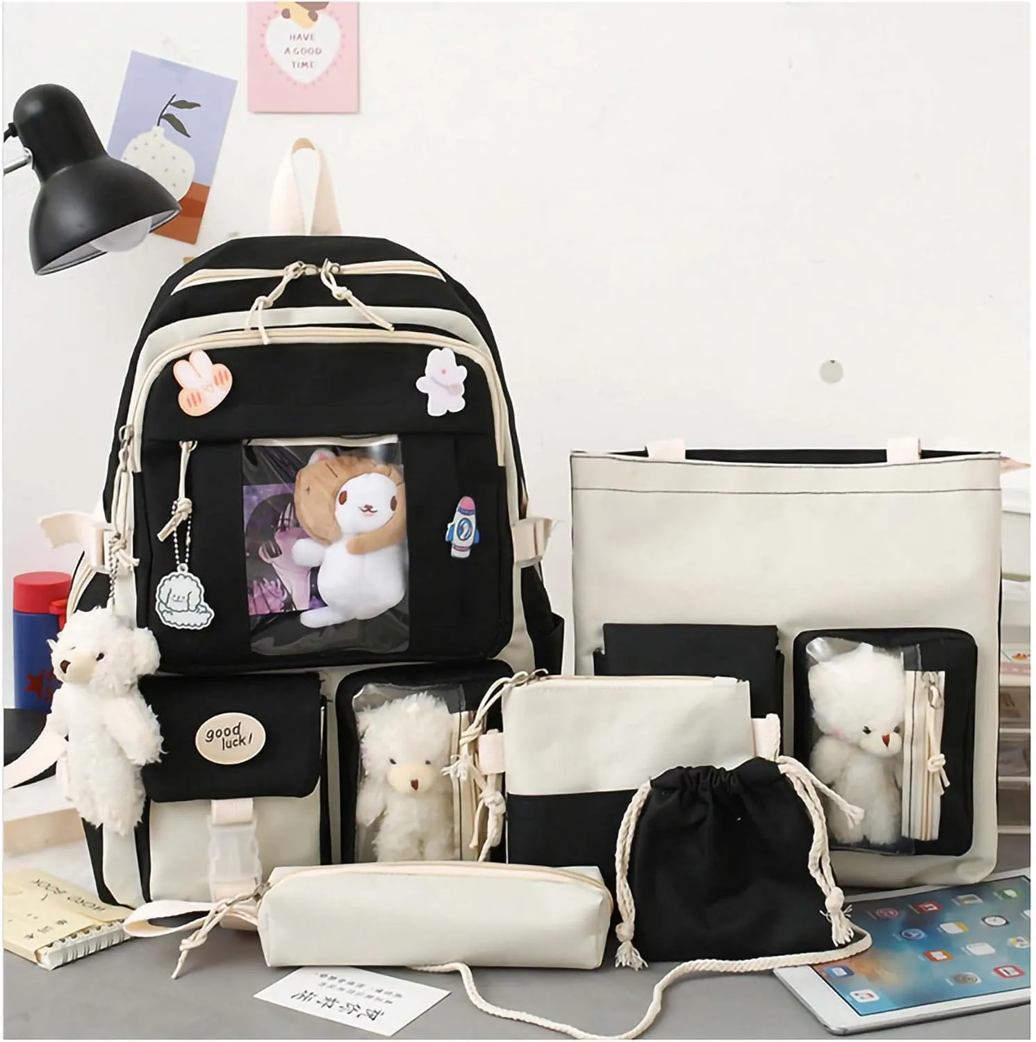 Kawaii Backpack 5Pcs Set Aesthetic School Bags 17in Cute Bookbag with Badge&Pendant,Shoulder Bag,Pencil Box,Tote Bag,Small Bag Black