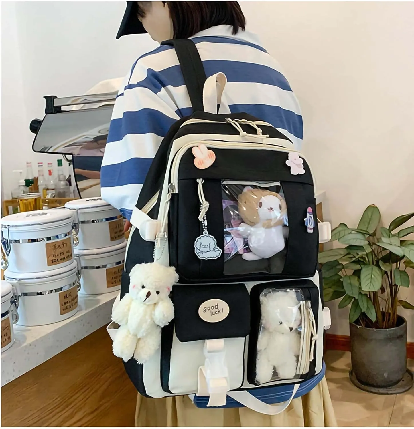 Kawaii Backpack 5Pcs Set Aesthetic School Bags 17in Cute Bookbag with Badge&Pendant,Shoulder Bag,Pencil Box,Tote Bag,Small Bag Black