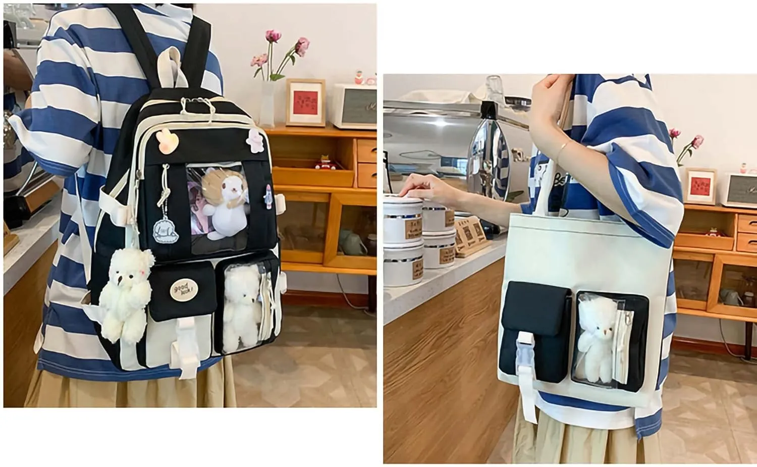 Kawaii Backpack 5Pcs Set Aesthetic School Bags 17in Cute Bookbag with Badge&Pendant,Shoulder Bag,Pencil Box,Tote Bag,Small Bag Black
