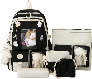 Kawaii Backpack 5Pcs Set Aesthetic School Bags 17in Cute Bookbag with Badge&Pendant,Shoulder Bag,Pencil Box,Tote Bag,Small Bag Black