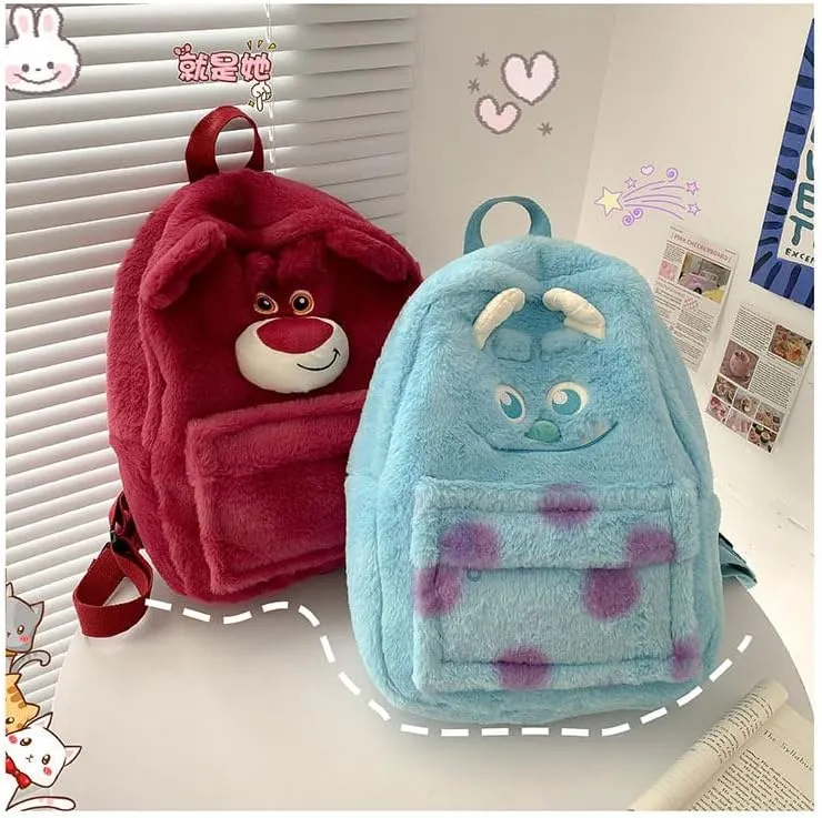Kawaii Fuzzy Backpack Daypack, Cute Y2K Fluffy Animals Design Chic Cartoon Furry Daypack Bookbag Daily Use Shoulder Bag (blue)
