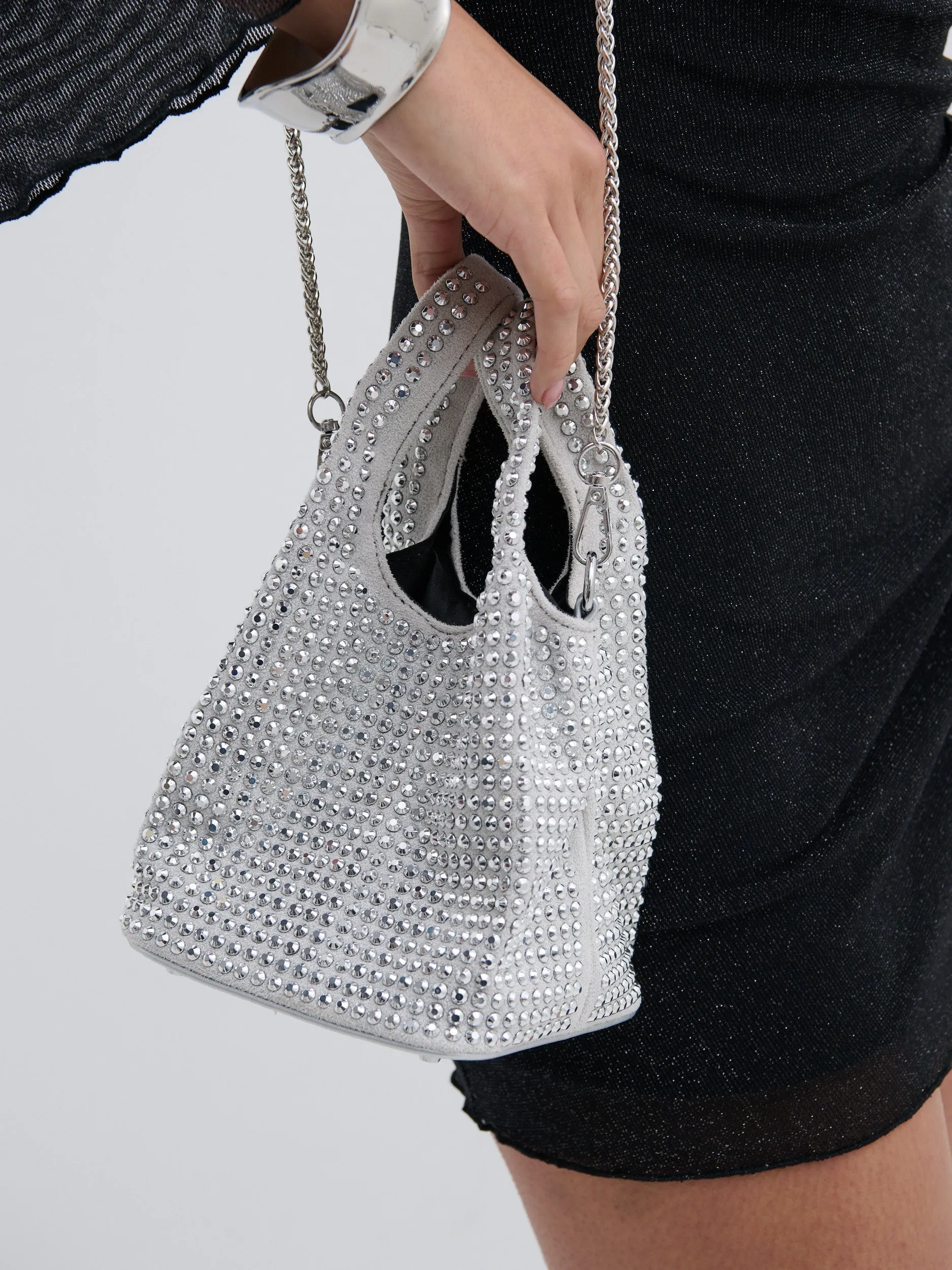 Khloe Rhinestone Party Bag in Silver