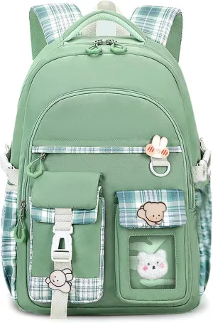 Kids Backpack for Girls Teens, Kawaii Backpack for School, Cute Bookbag for Primary Elementary with Accessories, Green